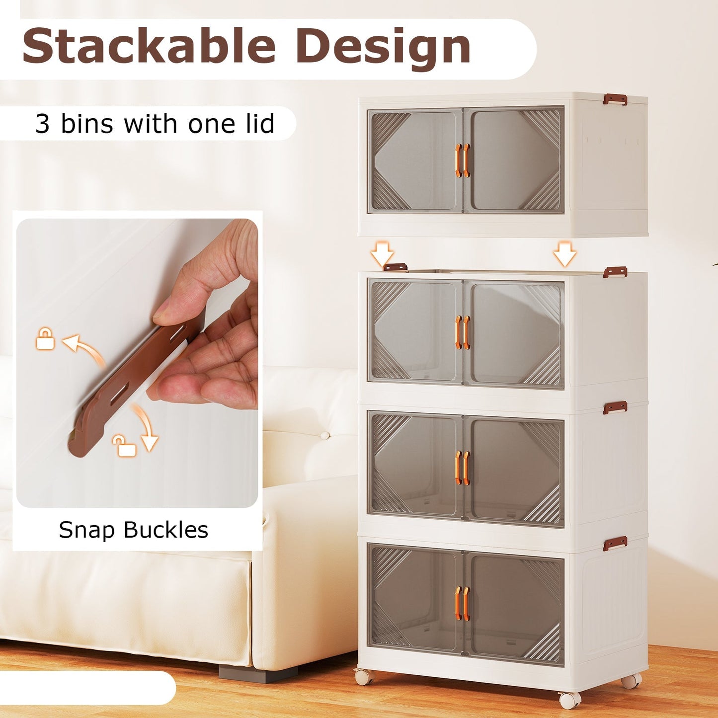 Stackable Storage Containers with Wheels and Doors for Bedroom-White-4-Tier
