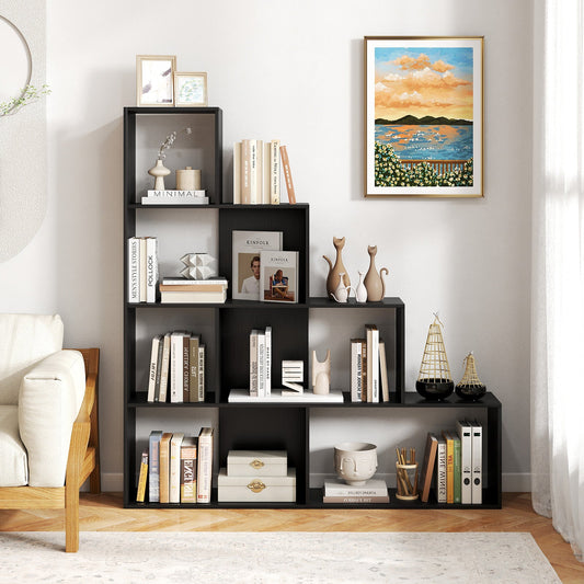 4-Tier Stepped Bookshelf Modern Ladder Bookcase with 6 Storage Cubes-Black