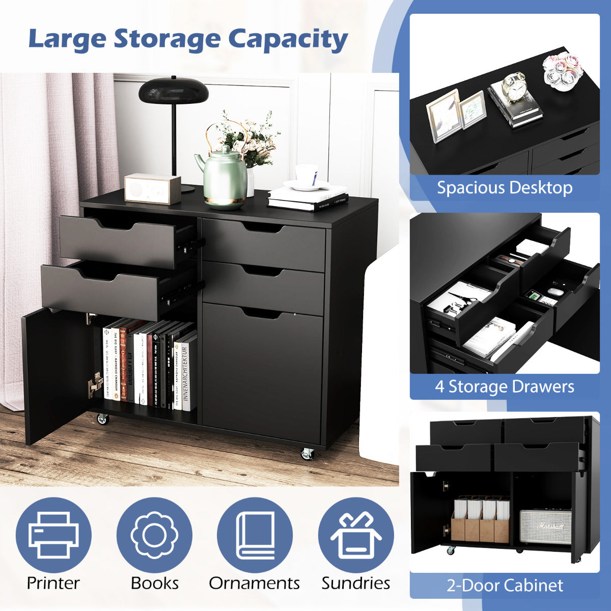 4 Drawer Dresser Chest with Doors and Universal Wheels-Black