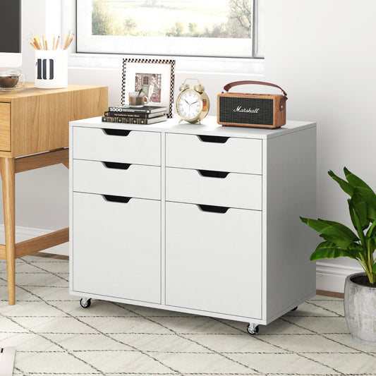 4 Drawer Dresser Chest with Doors and Universal Wheels-White