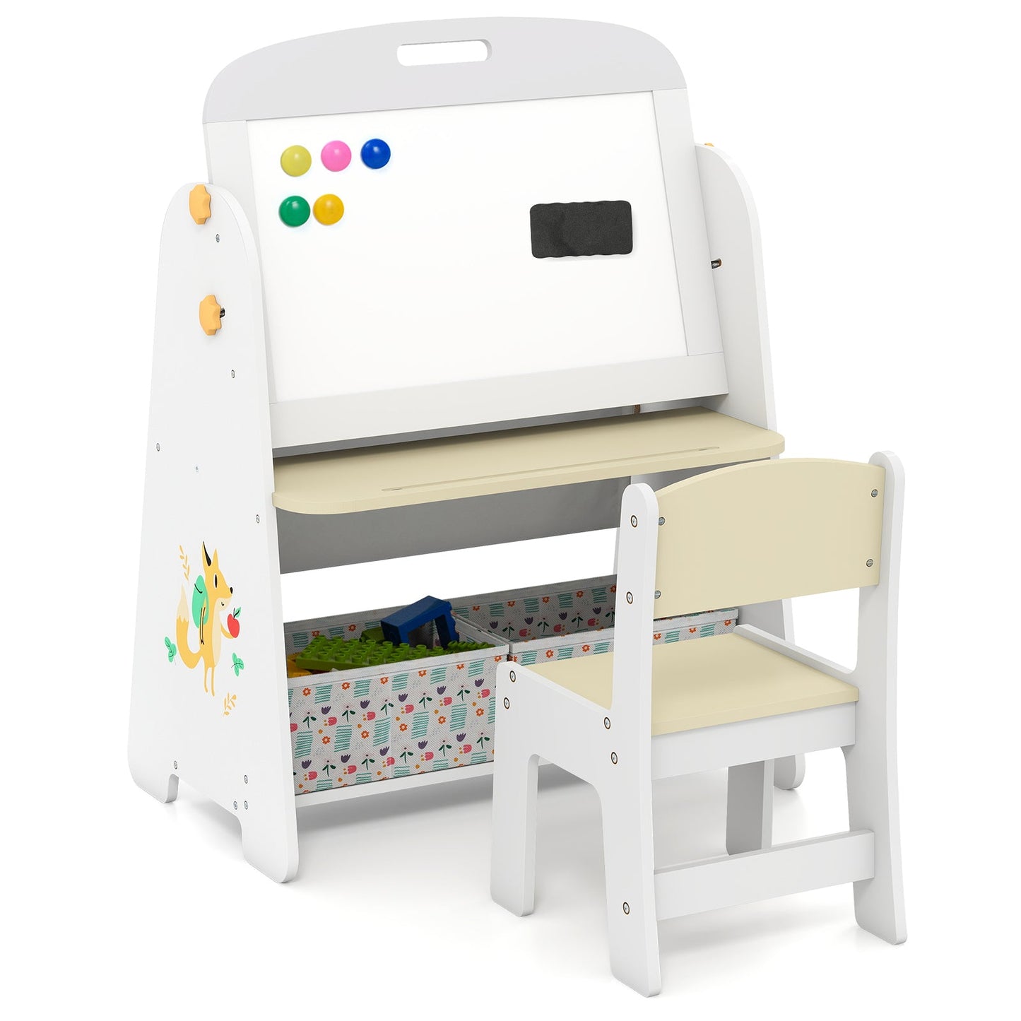 4-in-1 Art Easel and Bookshelf with Magnetic Whiteboard and Blackboard-Natural