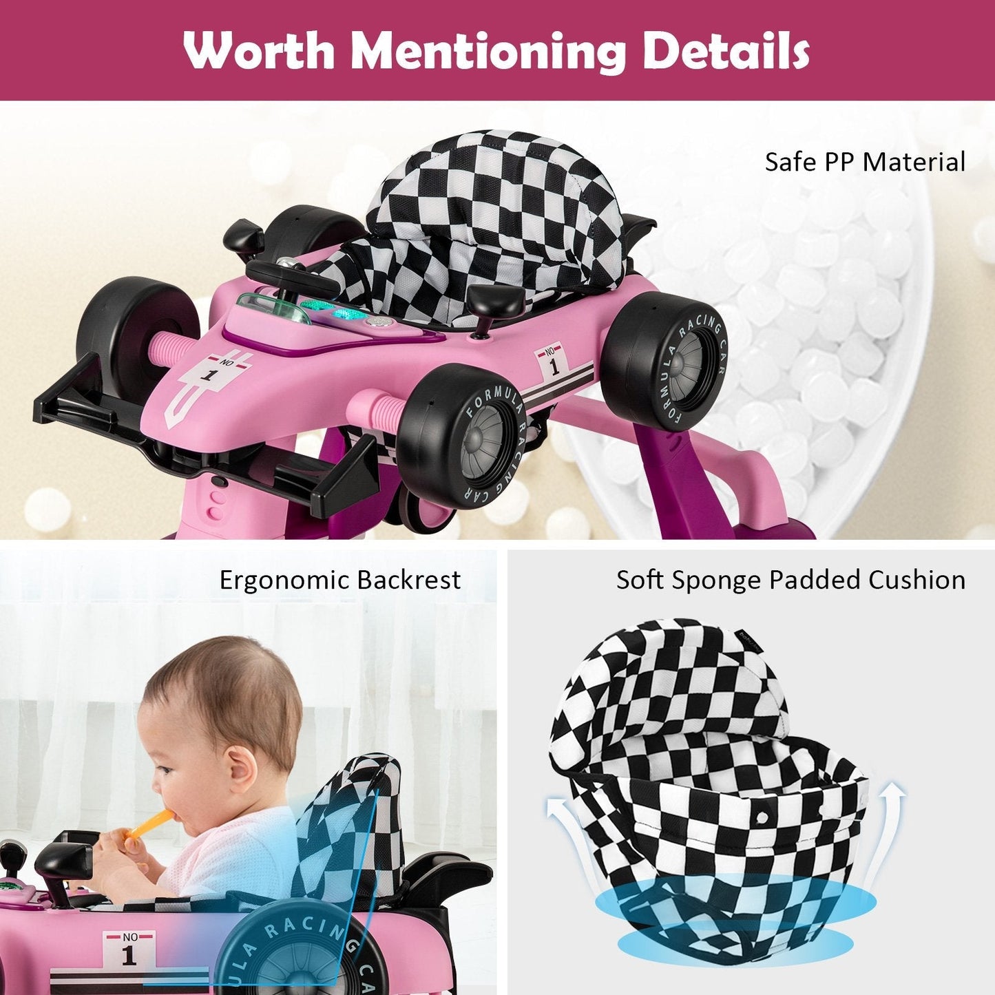 4-in-1 Baby Push Walker with Adjustable Height and Speed-Cream Pink