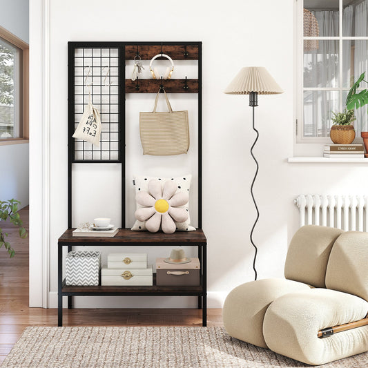4 in 1 Hall Tree with Shoe Bench and 8 Hanging Hooks for Entryway