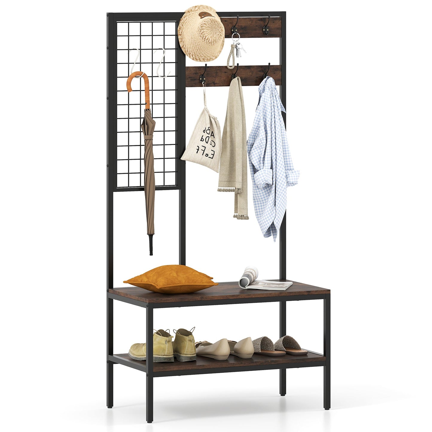 4 in 1 Hall Tree with Shoe Bench and 8 Hanging Hooks for Entryway
