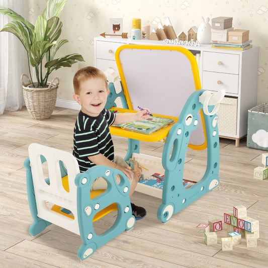 4-in-1 Kids Drawing Table and Chair Set with Adjustable Whiteboard-Yellow & Blue