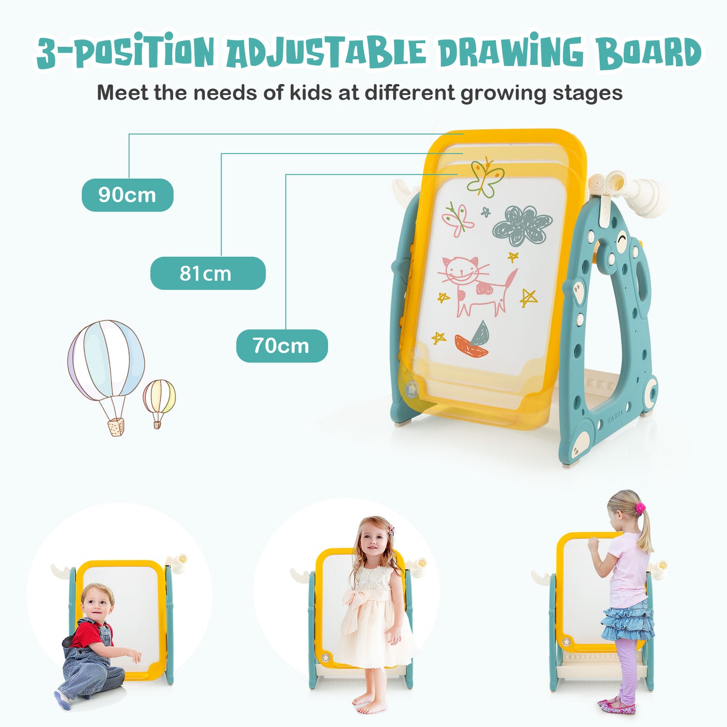 4-in-1 Kids Drawing Table and Chair Set with Adjustable Whiteboard-Yellow & Blue