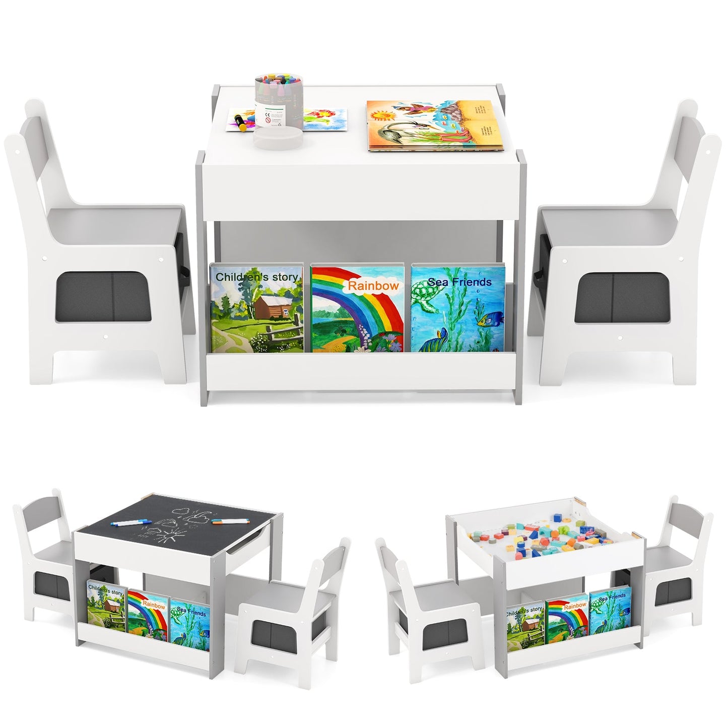 4 in 1 Kids Table and Chairs Set with Reversible Tabletop and Bookshelves-Grey