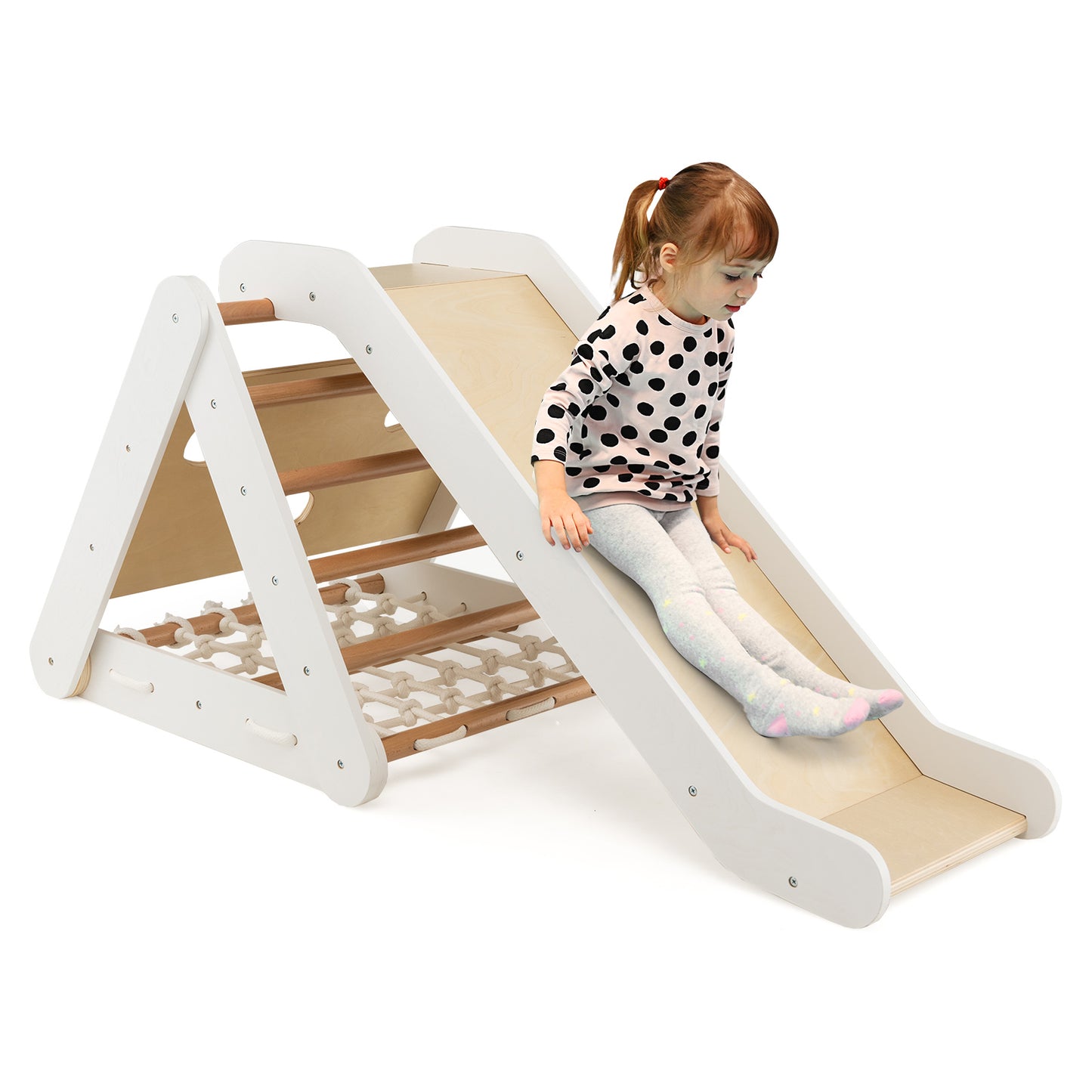 4 in 1 Toddler Wooden Triangle Climber with Ramp and Sliding Board-White