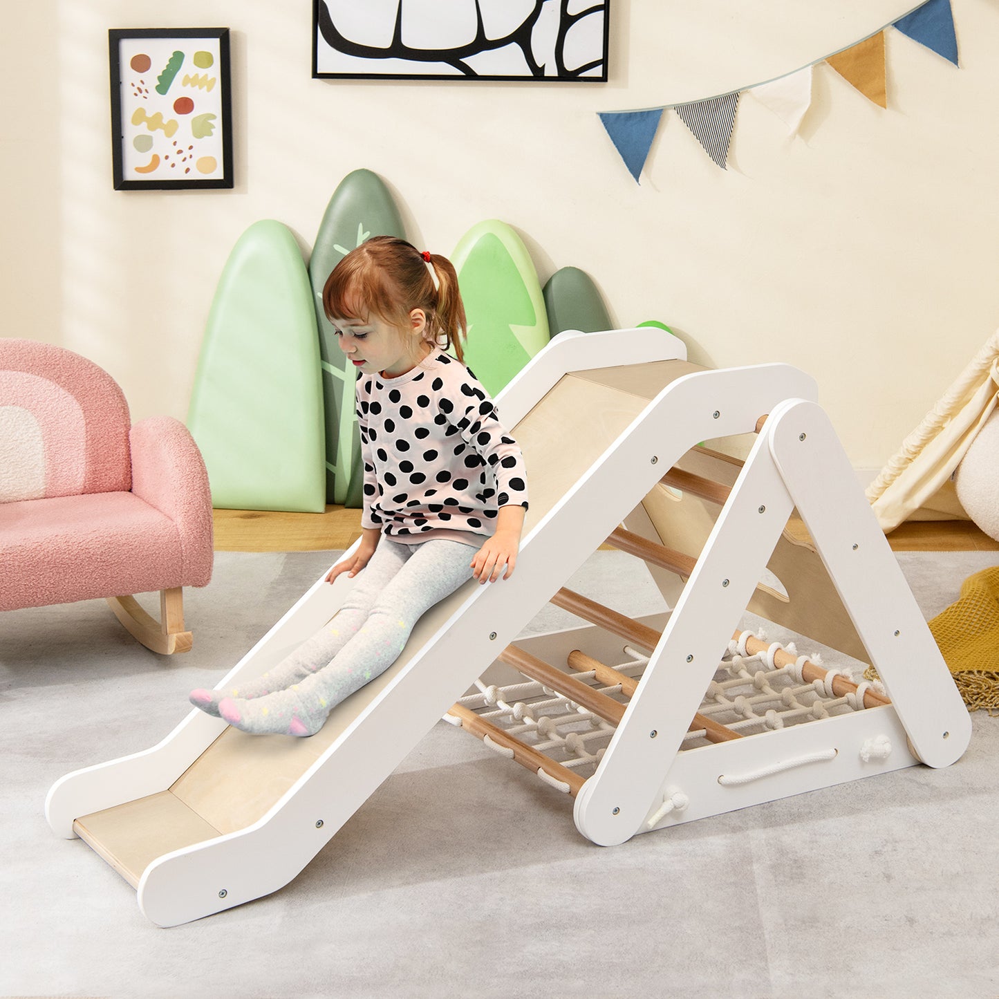 4 in 1 Toddler Wooden Triangle Climber with Ramp and Sliding Board-White