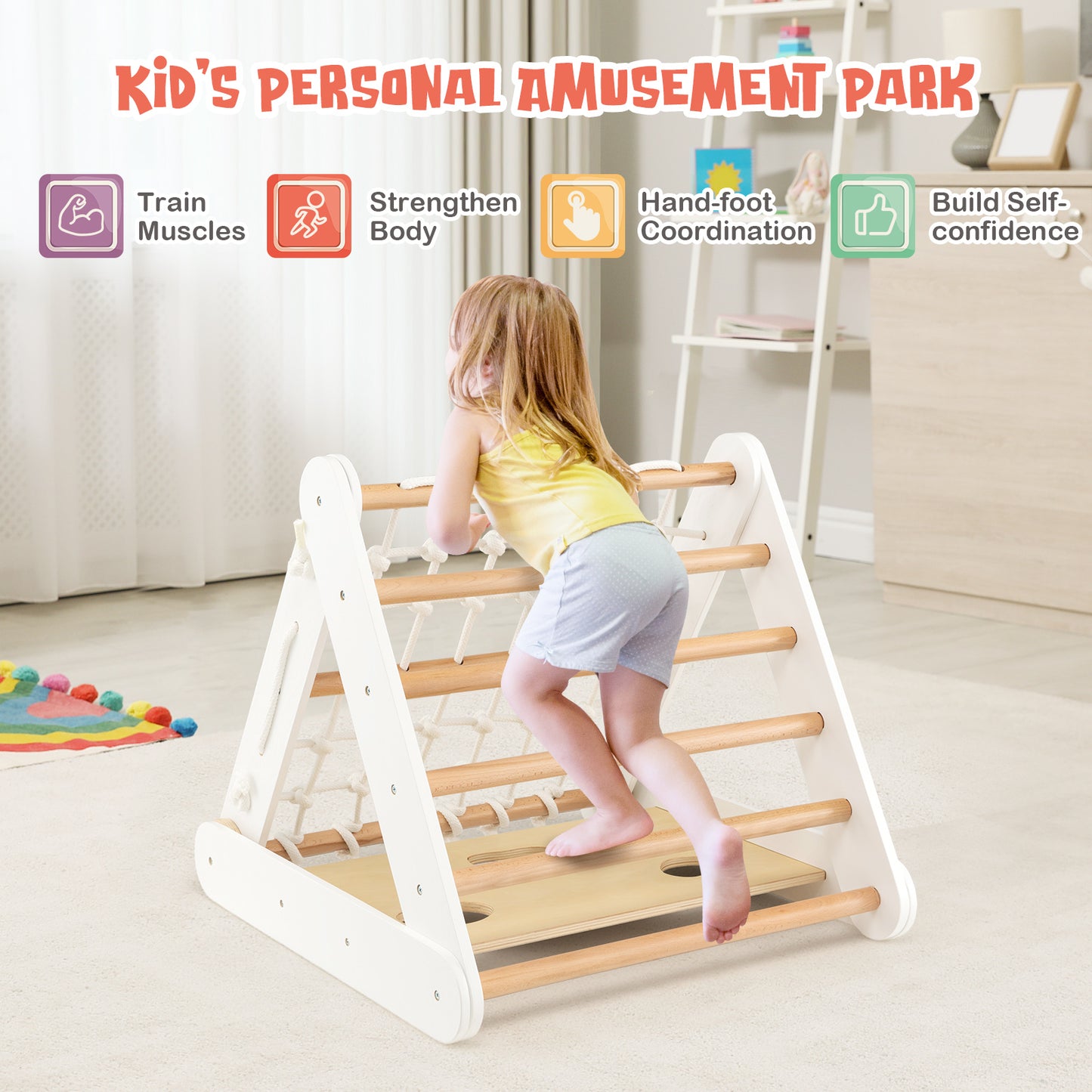 4 in 1 Toddler Wooden Triangle Climber with Ramp and Sliding Board-White