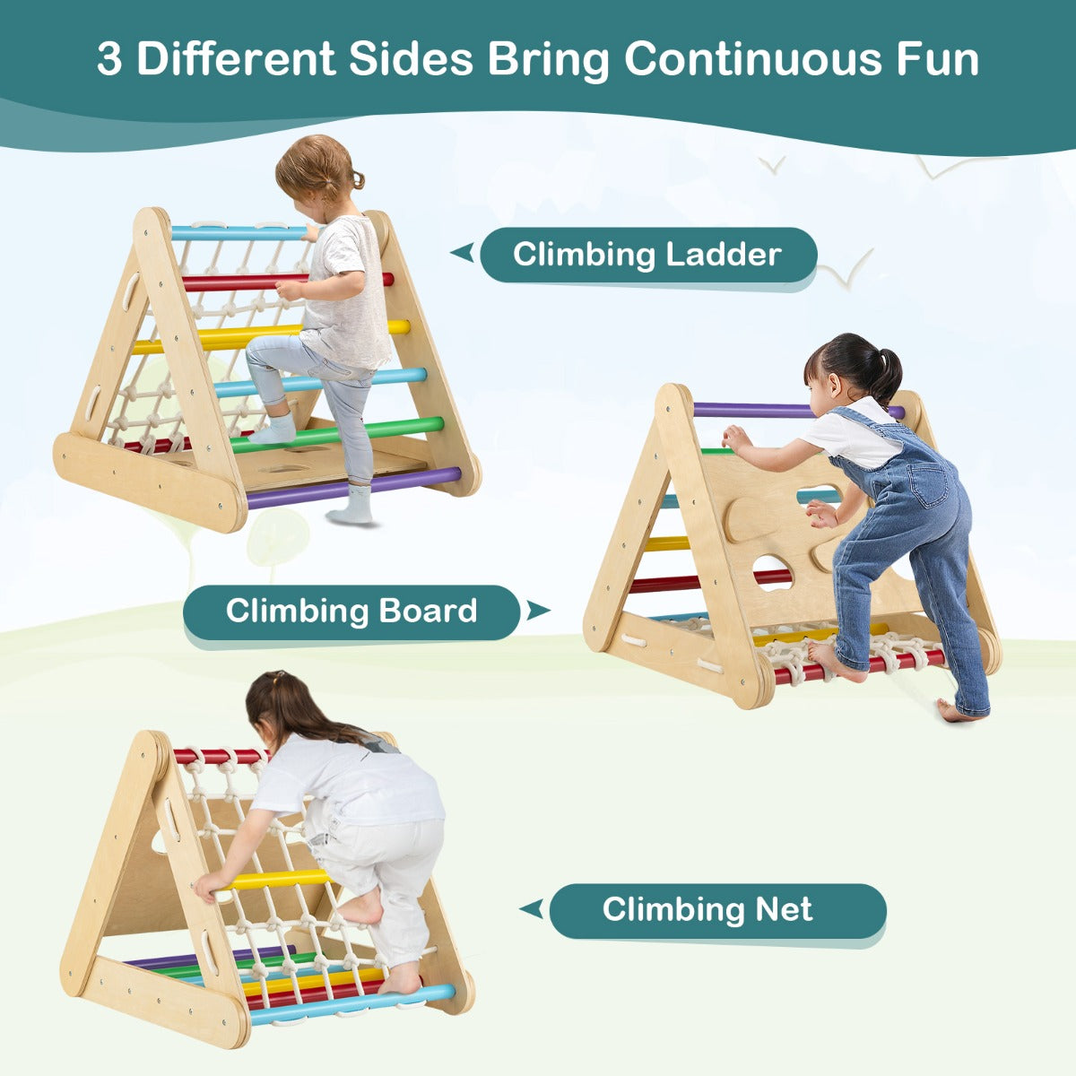 4 in 1 Toddler Wooden Triangle Climber with Ramp and Sliding Board-Multicolor