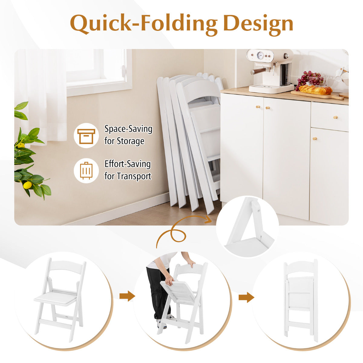 8 Pack All-Weather Folding Dining Chair Set with Padded Seat and Back -White