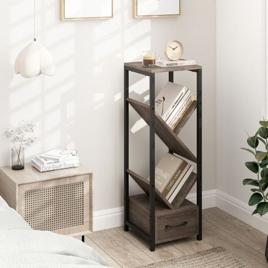 4 Tier Floor Standing Storage Organizer Tree Bookshelf with Drawer-Grey