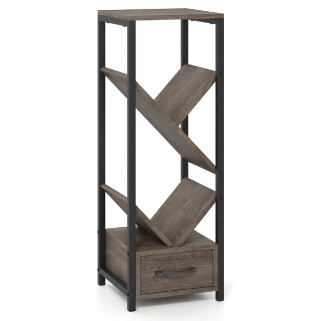 4 Tier Floor Standing Storage Organizer Tree Bookshelf with Drawer-Grey