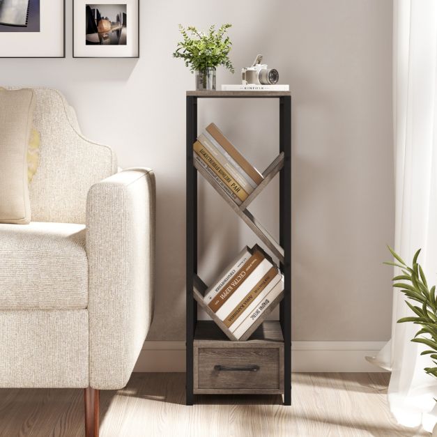 4 Tier Floor Standing Storage Organizer Tree Bookshelf with Drawer-Grey