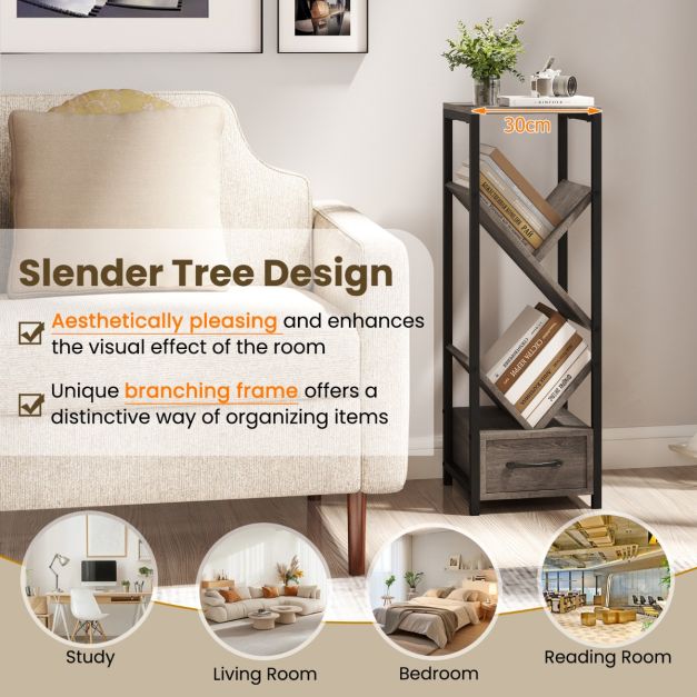 4 Tier Floor Standing Storage Organizer Tree Bookshelf with Drawer-Grey