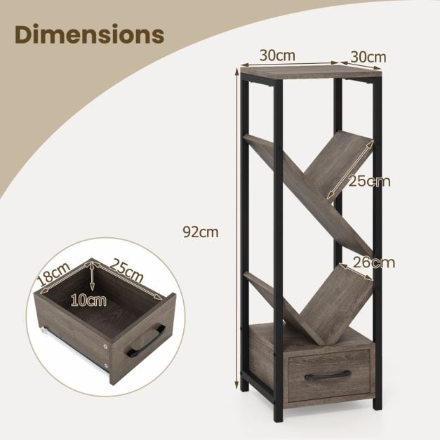 4 Tier Floor Standing Storage Organizer Tree Bookshelf with Drawer-Grey