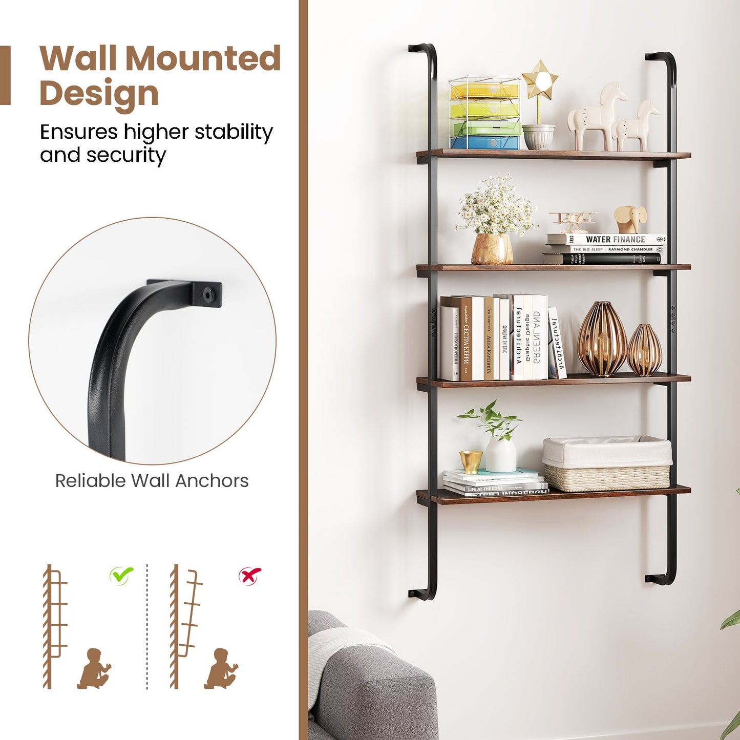 4-Tier Industrial Pipe Shelving with Metal Frame for Living Room Kitchen-Rustic Brown