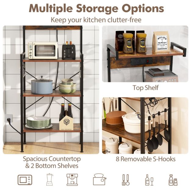 4-Tier Kitchen Bakers Rack with Power Outlet and 8 S-Hooks-Rustic Brown