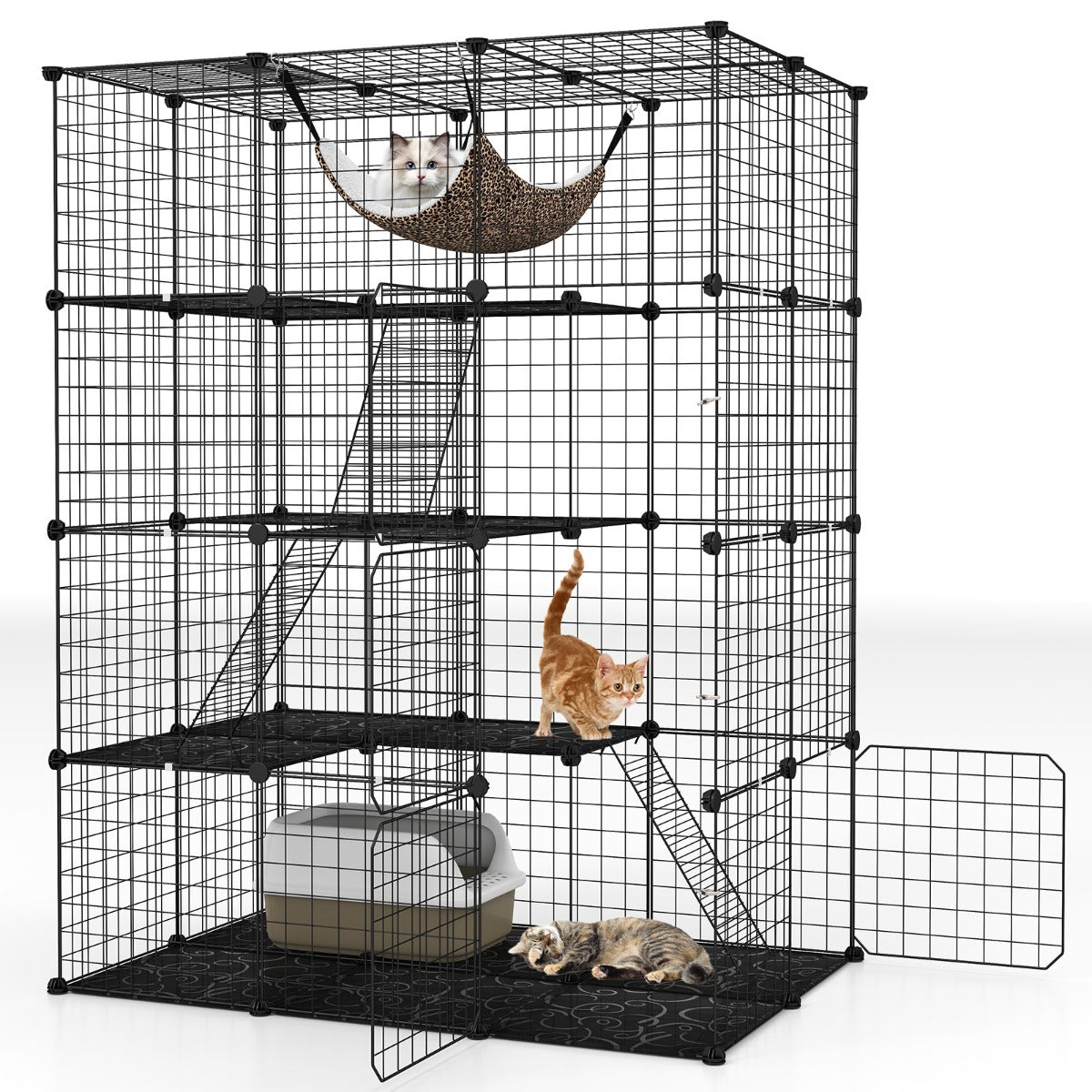 4 Tier Large Cat Enclosure with Comfy Hammock Ladders and Doors-Black