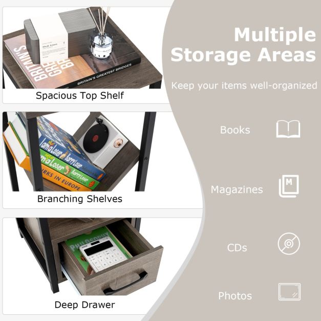 4 Tier Floor Standing Tree Bookshelf with Drawer for Small Space-Grey