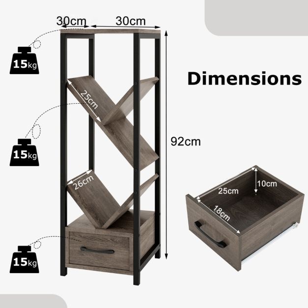 4 Tier Floor Standing Tree Bookshelf with Drawer for Small Space-Grey