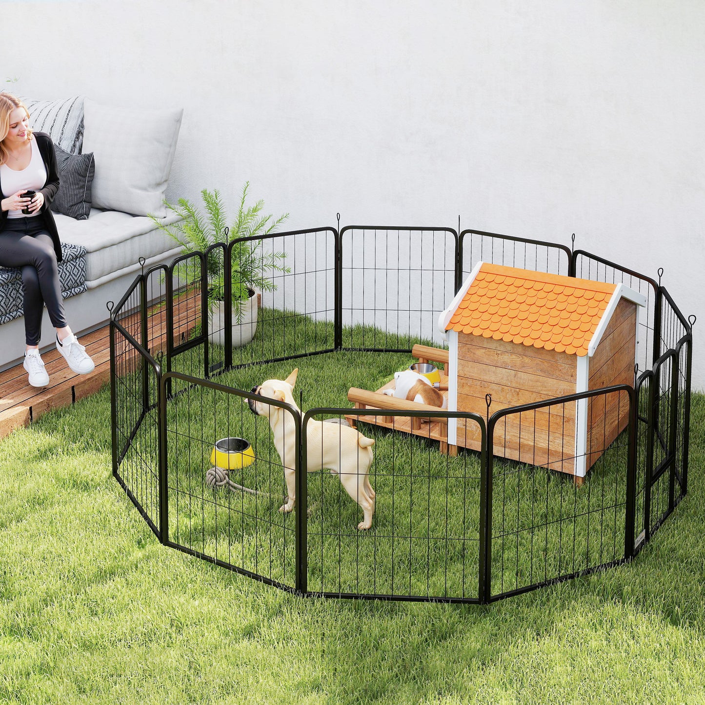 PawHut 12-Panel Solid Dog Playpen with Doors, for Small Dogs, 60cm High, Black