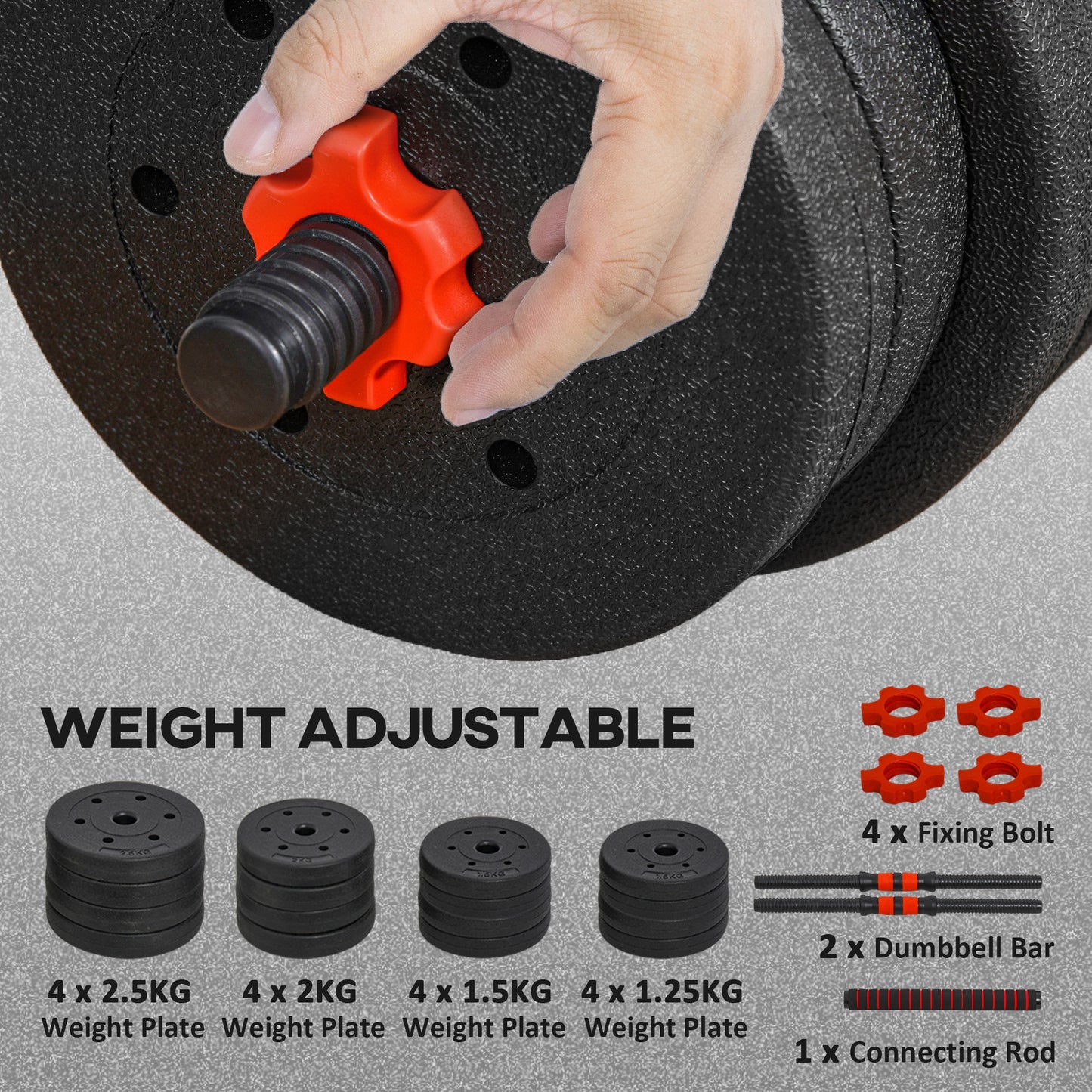 HOMCOM 30kg 2 W 1 Regulowany Zestaw Hantel, Hantle Ręczne Sztanga do Fitnessu Ciała, Trening Podnoszenia dla Domu, Biura, Siłowni, Czarny
