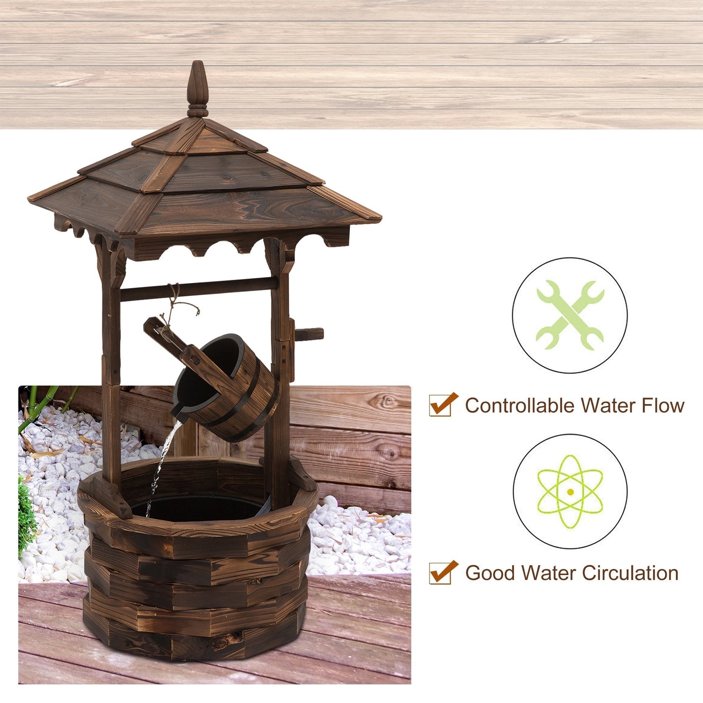 Outsunny Wooden Garden Wishing Well Fountain Barrel Waterfall Rustic Wood with Pump Garden Decor Ornament