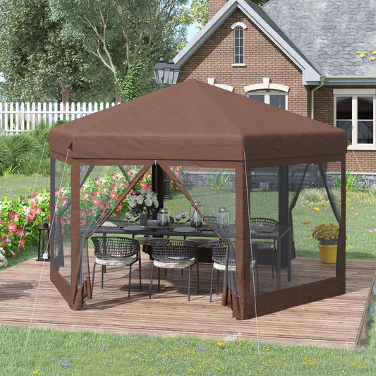 Outsunny 3.5m x 4m Hexagonal Pop Up Gazebo, Canopy Tent Sun Shelter for Patio Outdoor Party, Height Adjustable, with Mosquito Netting and Carry Bag - Brown