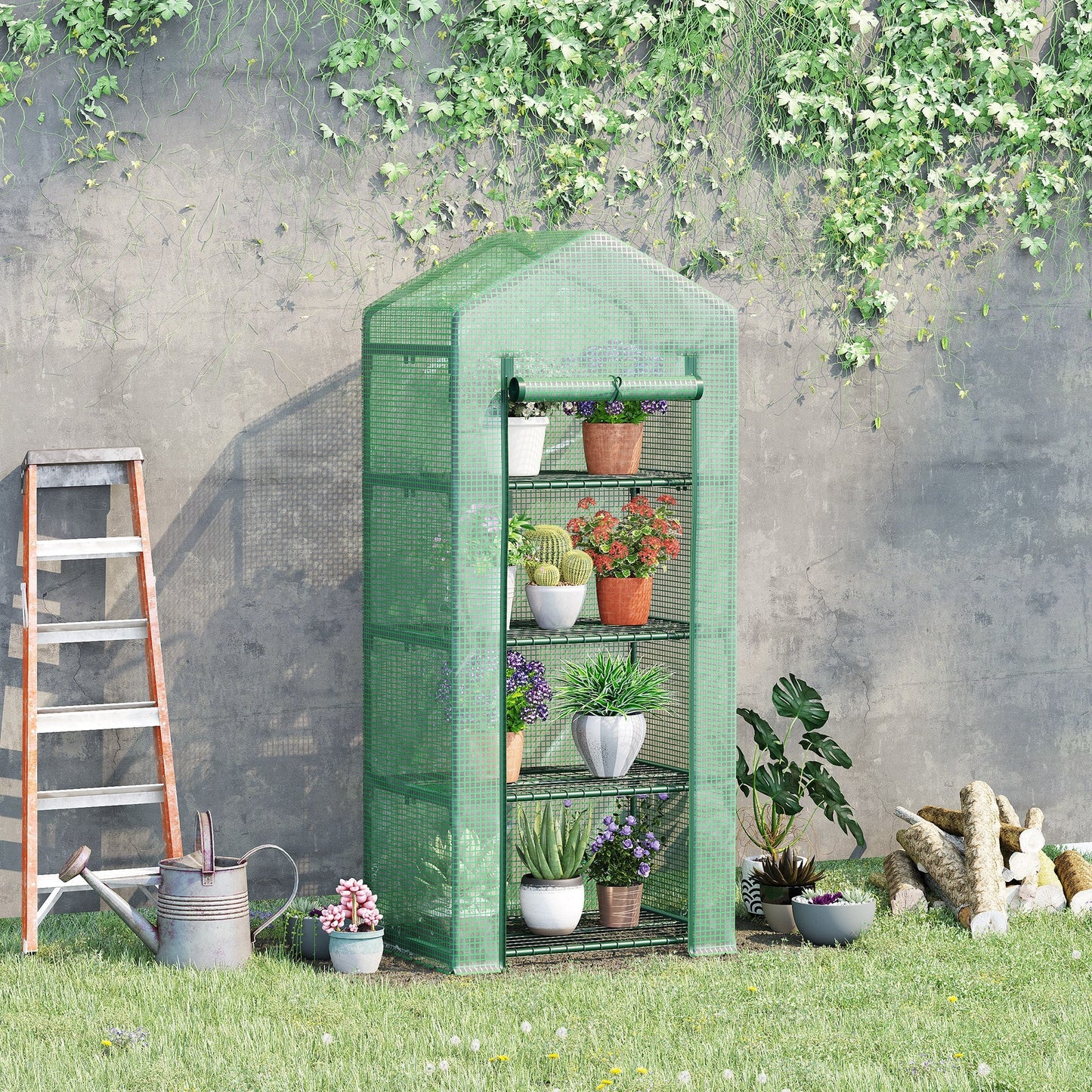 Outsunny 4 Tier Mini Szklarnia, przenośna kompaktowa szklarnia ze stalową ramą, pokryciem PE, drzwiami rolowanymi, 70 x 50 x 160 cm, zielona