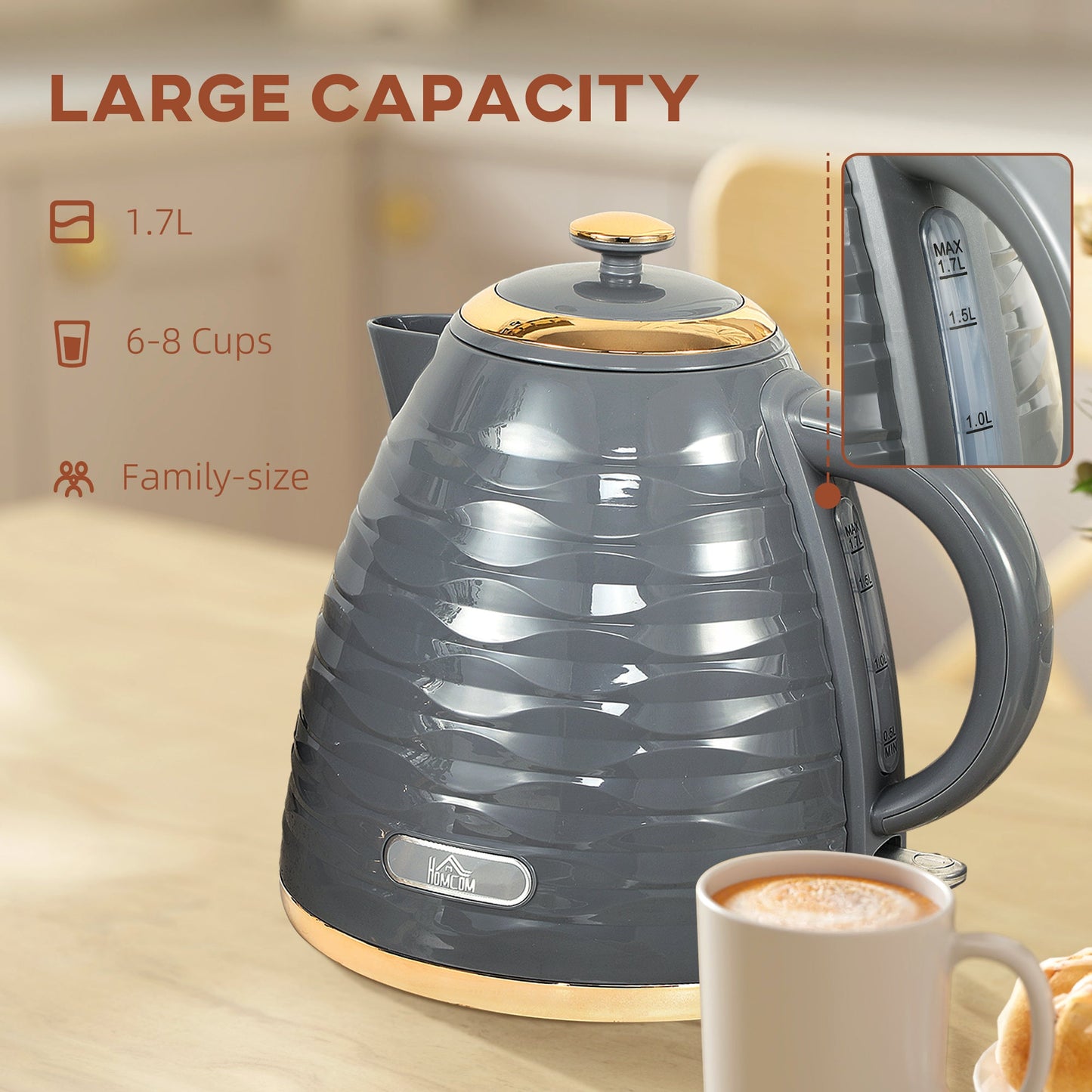 HOMCOM Electric Kettle, 1.7L, Fast Boil, 3kW Water Kettle with Removable Washable Anti-scale Filter, Auto Shut-off, 360¡ Swivel, BPA Free, Grey Water Ripple Texture