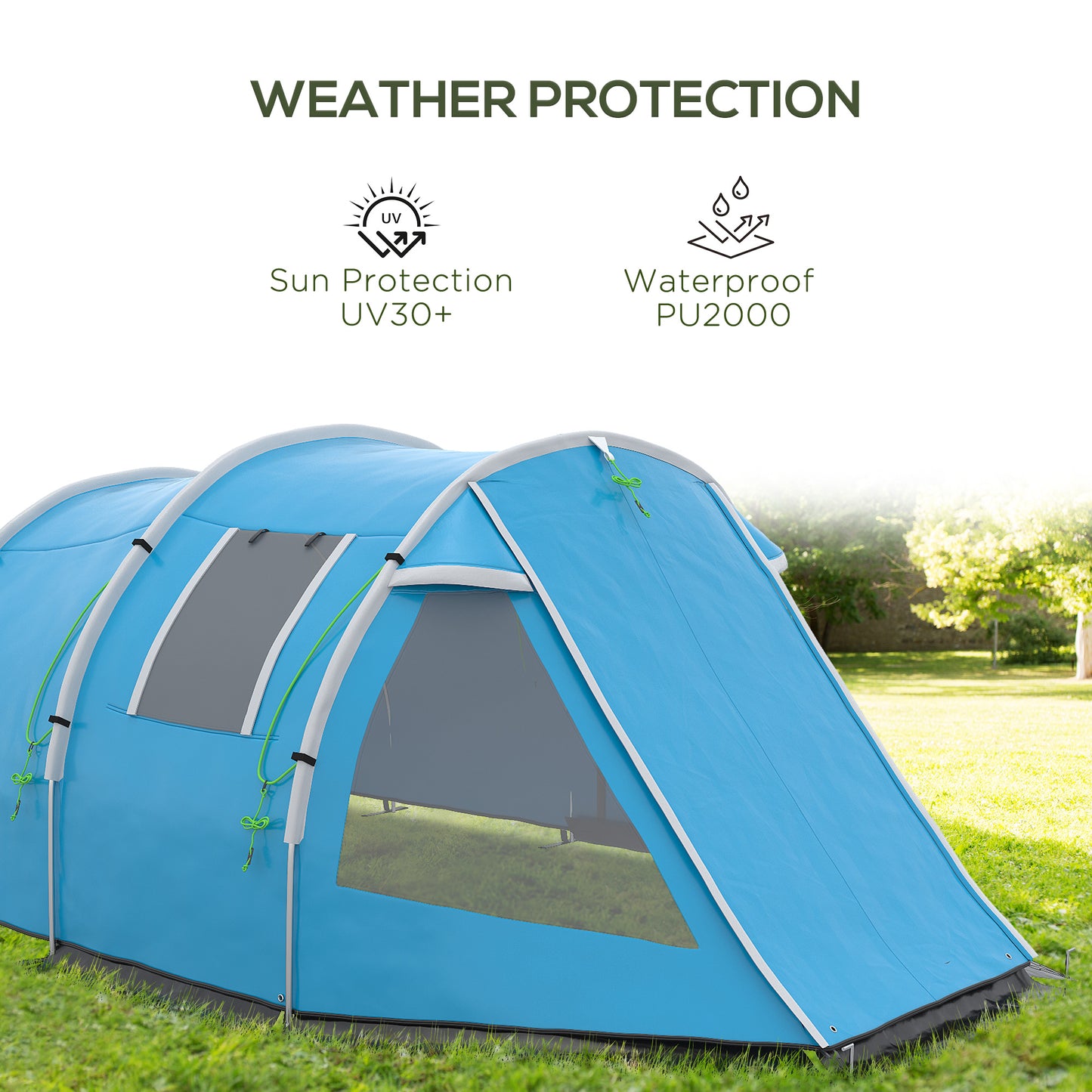 Outsunny 3-4 Man Tunnel Tent, dwupokojowy namiot kempingowy z oknami i pokrowcami, przenośna torba transportowa, do wędkowania, wędrówek, sportu, festiwali - niebieski