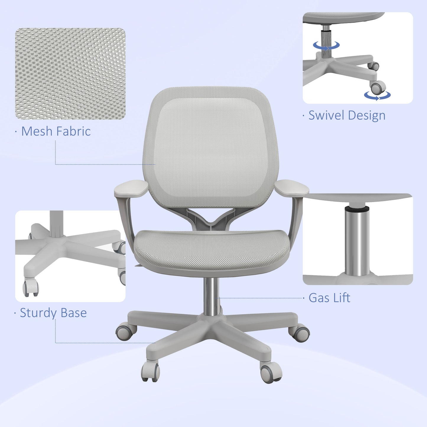 Vinsetto Office Chair, Breathable Mesh Swivel Desk Chair with Adjustable Height and 360 Degree Swivel Security Wheels for Home Office, Study, Grey