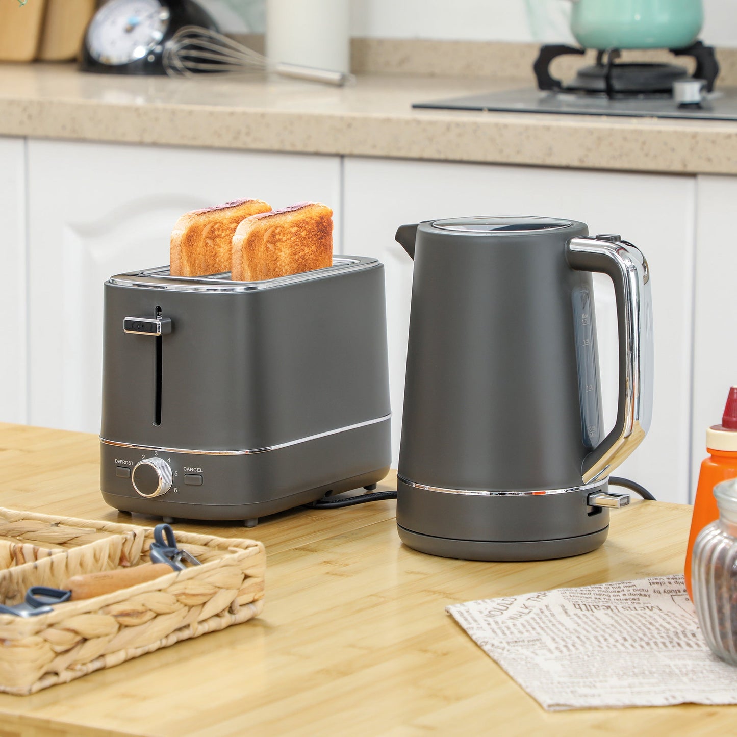 Zestaw czajnika i tostera HOMCOM, czajnik 1,7 l 3000 W do szybkiego gotowania i toster na 2 kromki, zestaw kuchenny z 6 poziomami sterowania, rozmrażaniem, podgrzewaniem, szary