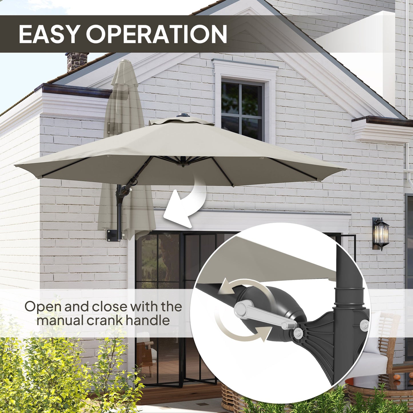 Outsunny 3(m) Wall-Mounted Parasol Shade, with Handle - Light Grey