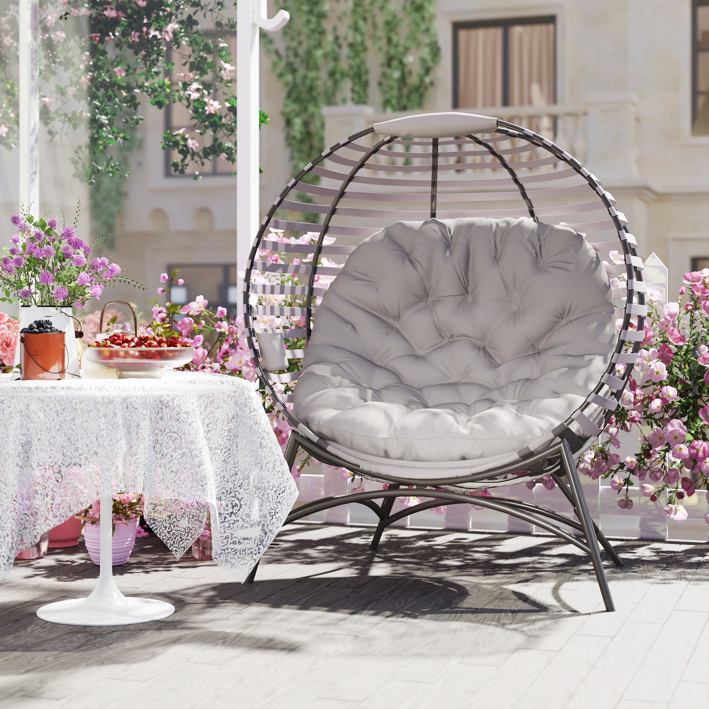 Outsunny Egg Chair with Cushion & Side Pocket - Light Grey