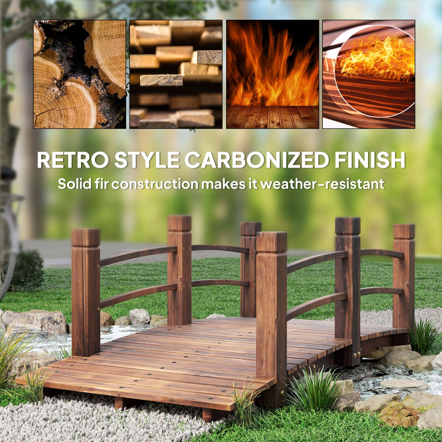 Outsunny 1.5M Wooden Garden Bridge Lawn Décor Stained Finish Arc Outdoor Pond Walkway w/ Railings Water Yard Decoration