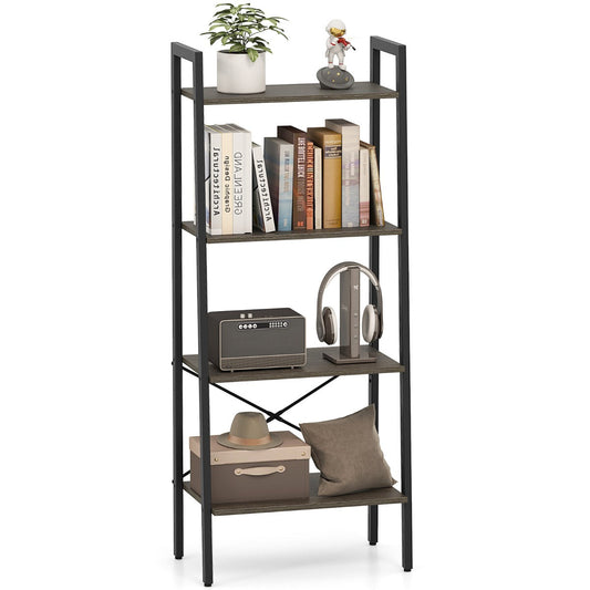 4-Tier Bookshelf with Metal Frame-Grey Oak