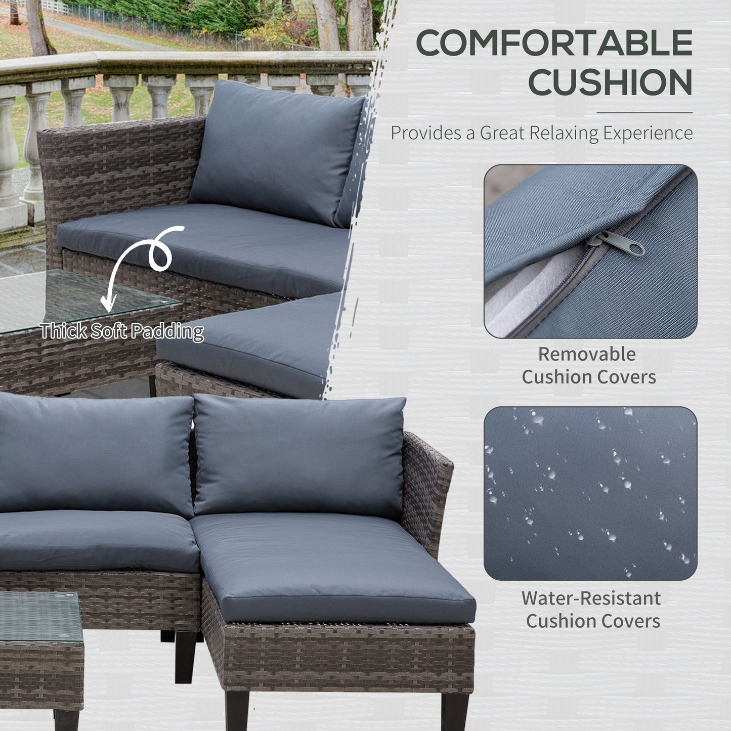 Outsunny 3-częściowy zestaw ogrodowy z PE Rattan z 2 siedziskami, kwadratowy szklany blat, stolik kawowy, grube poduszki, solidne nogi, metalowa rama, patio, balkon, patio, kształt L, narożnik - szary