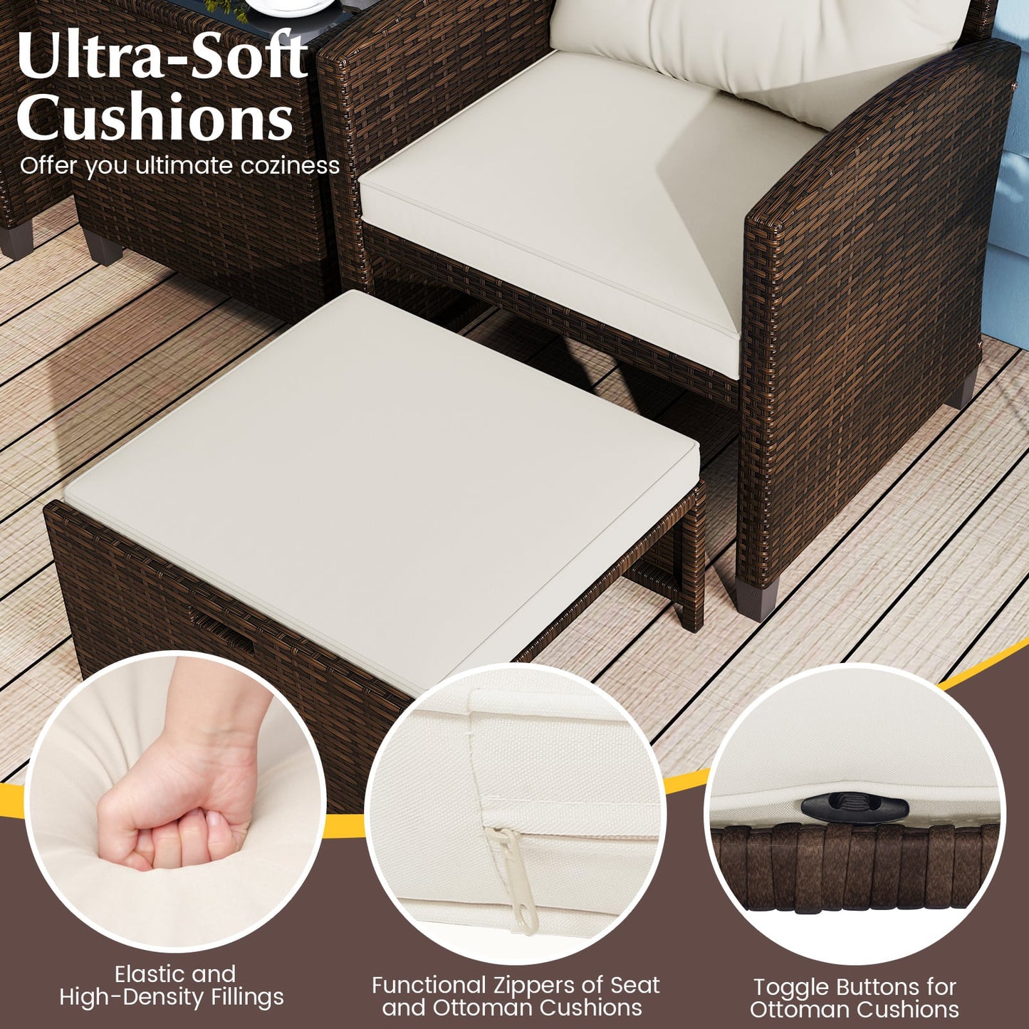 5-Piece Patio Rattan Furniture Set with Ottomans and Coffee Table for Backyard-White