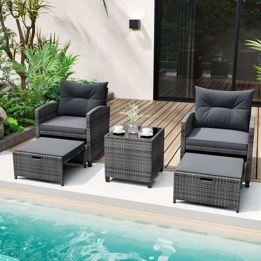 5 Piece Wicker Patio Furniture Set with 2 Cushioned Chairs and 2 Ottomans-Dark Grey