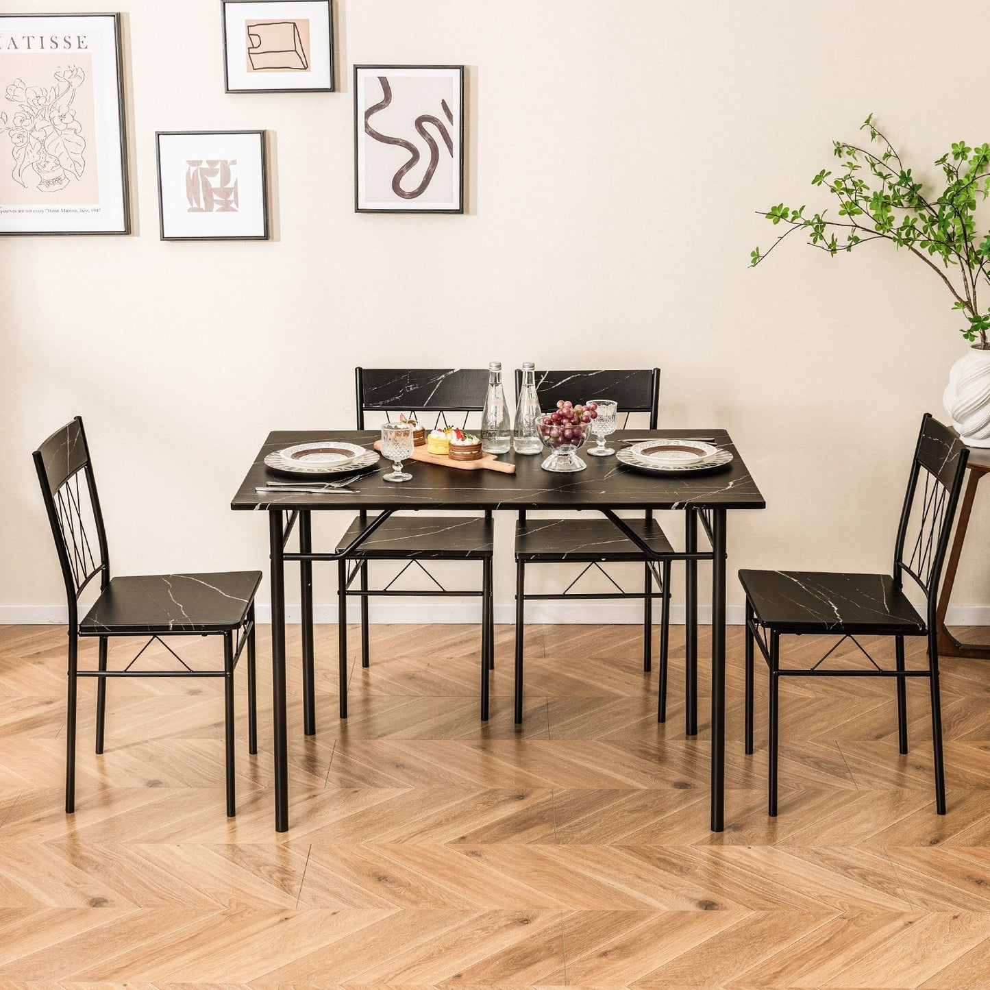 5-Piece Dining Table Set for 4 with Metal Frame for Living Room-Black