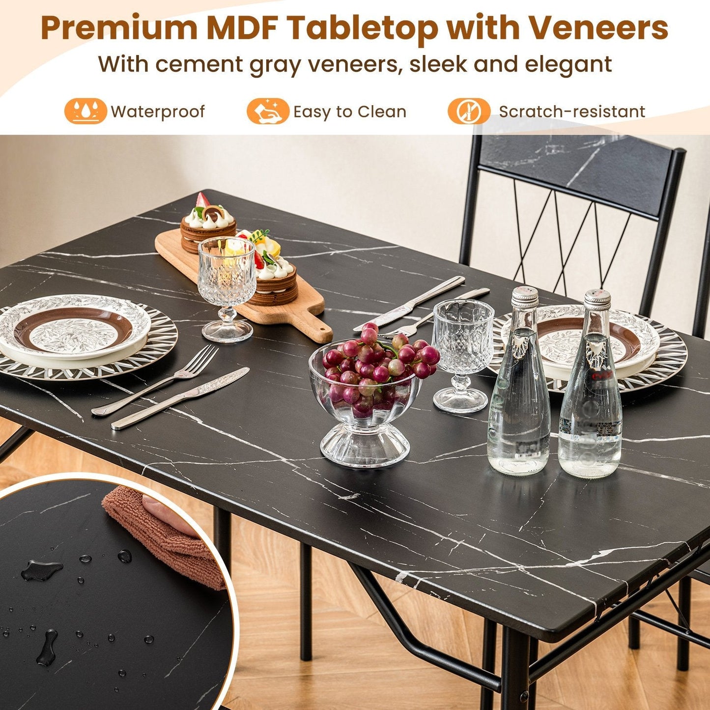 5-Piece Dining Table Set for 4 with Metal Frame for Living Room-Black