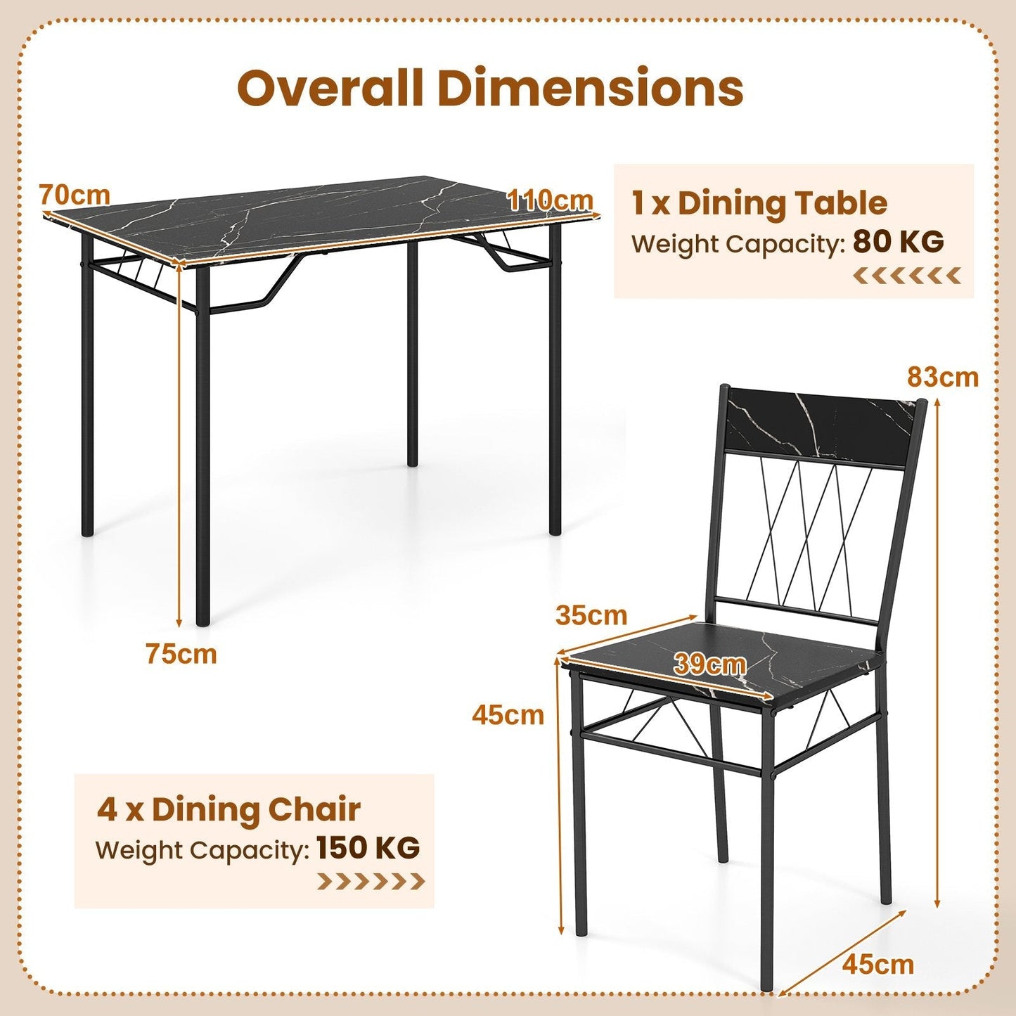 5-Piece Dining Table Set for 4 with Metal Frame for Living Room-Black