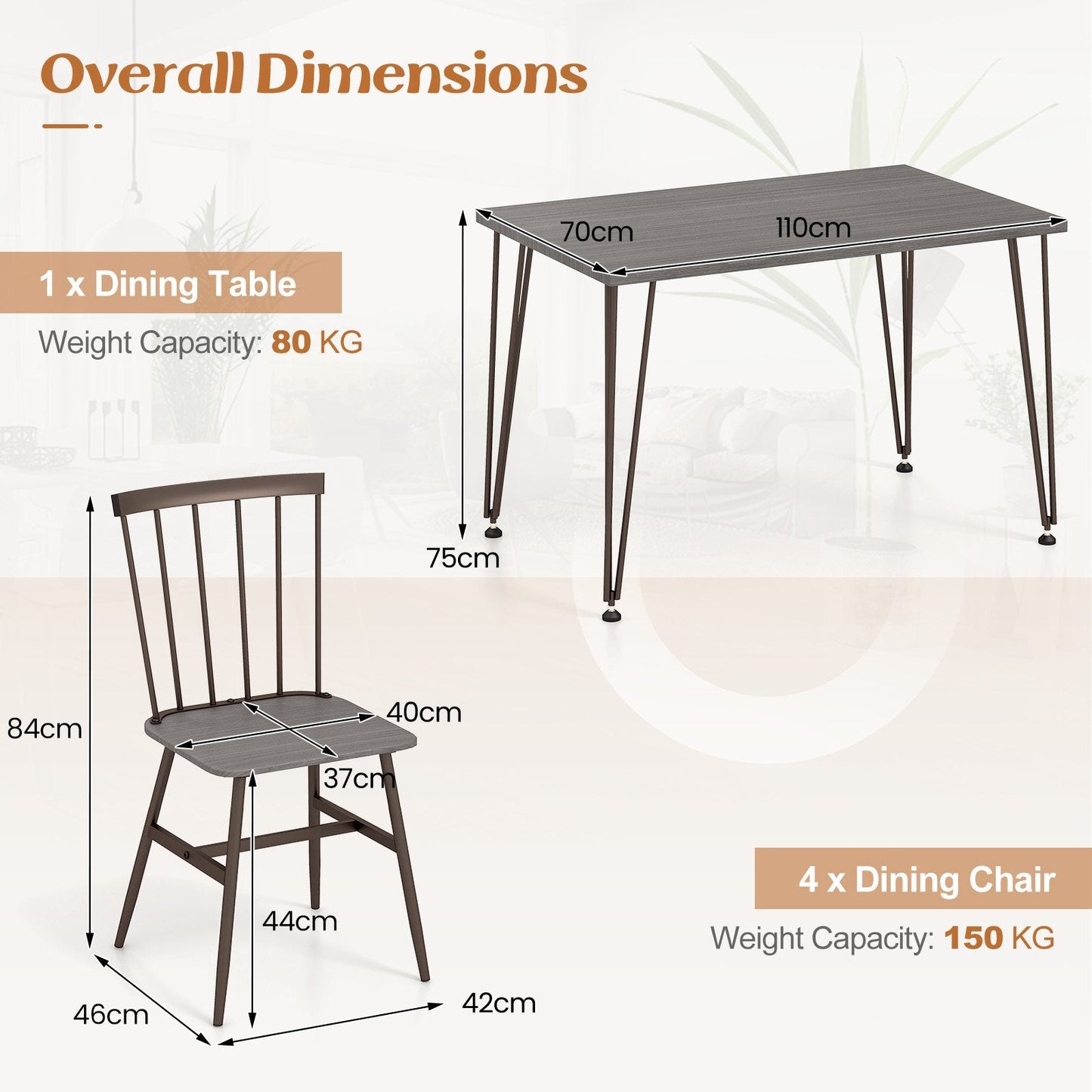 5-Piece Dining Table Set for 4 with Swivel Feet for Living Room-Grey