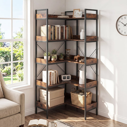 5-Tier Corner Bookshelf in Rustic Brown, image 2