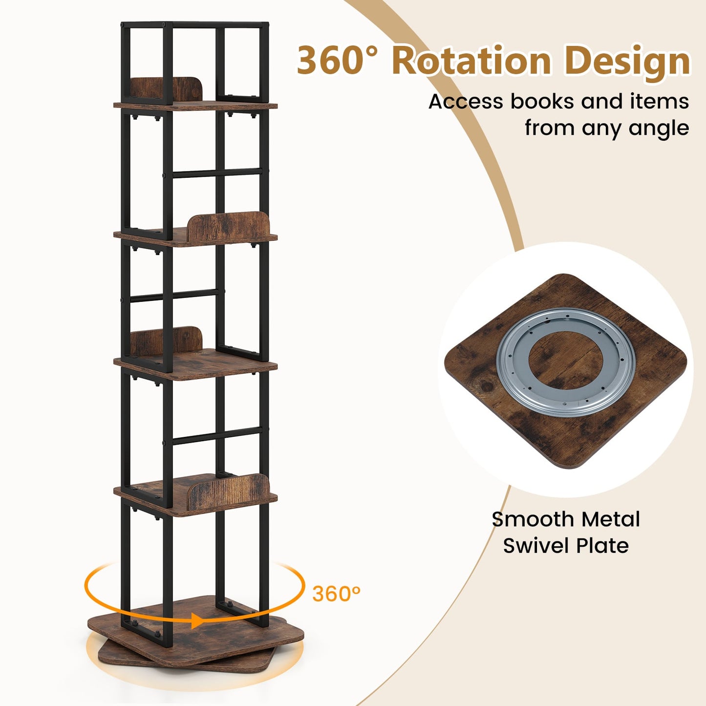 5-Tier Rotating Bookshelf Tower with 360° Spin & Side Rails for Small Spaces-Rustic Brown