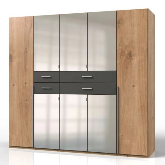 Wardrobe DENMARK 5 Door Mirrored Wardrobe Finish Oak and Graphite 225cm