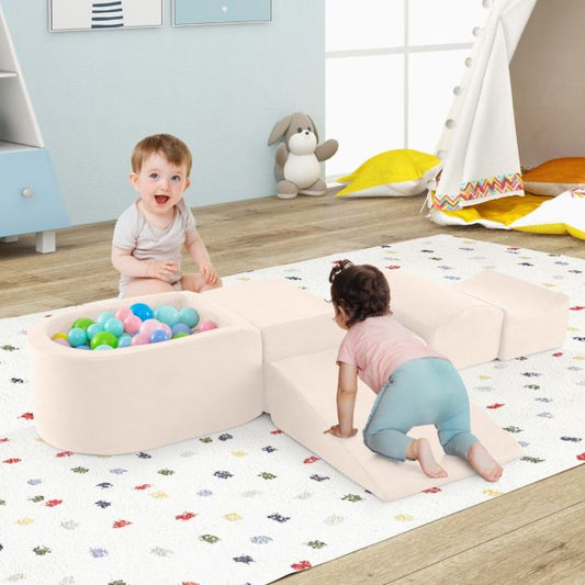 5 Piece Foam Play Set for Kids with Ball Pit Washable Covers, Creative Blocks Beige